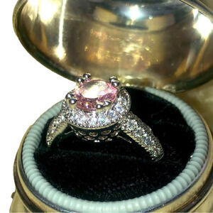 SILVER Tone Simulated Pink Sapphire Halo Ring Filigree Setting Costume Ring 7.25